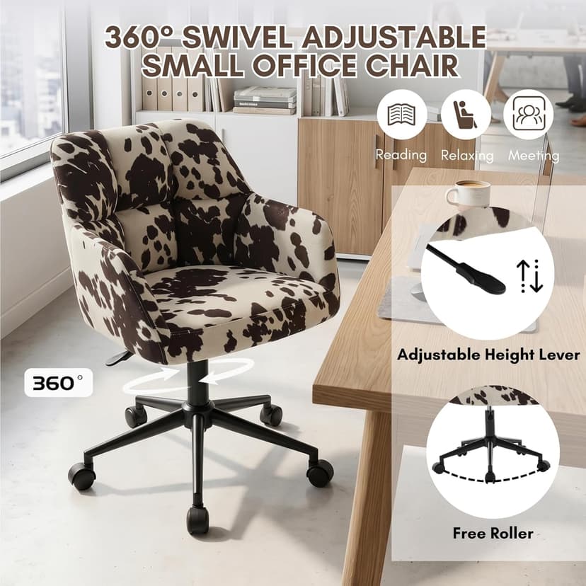 CIMOTA Cow Print Office Chair with Wheels, Height Adjustable Swivel Desk Chair with Arms & Mid Back, Comfy Fabric Vanity Computer Chair for Home Office/Living Room/Bedroom