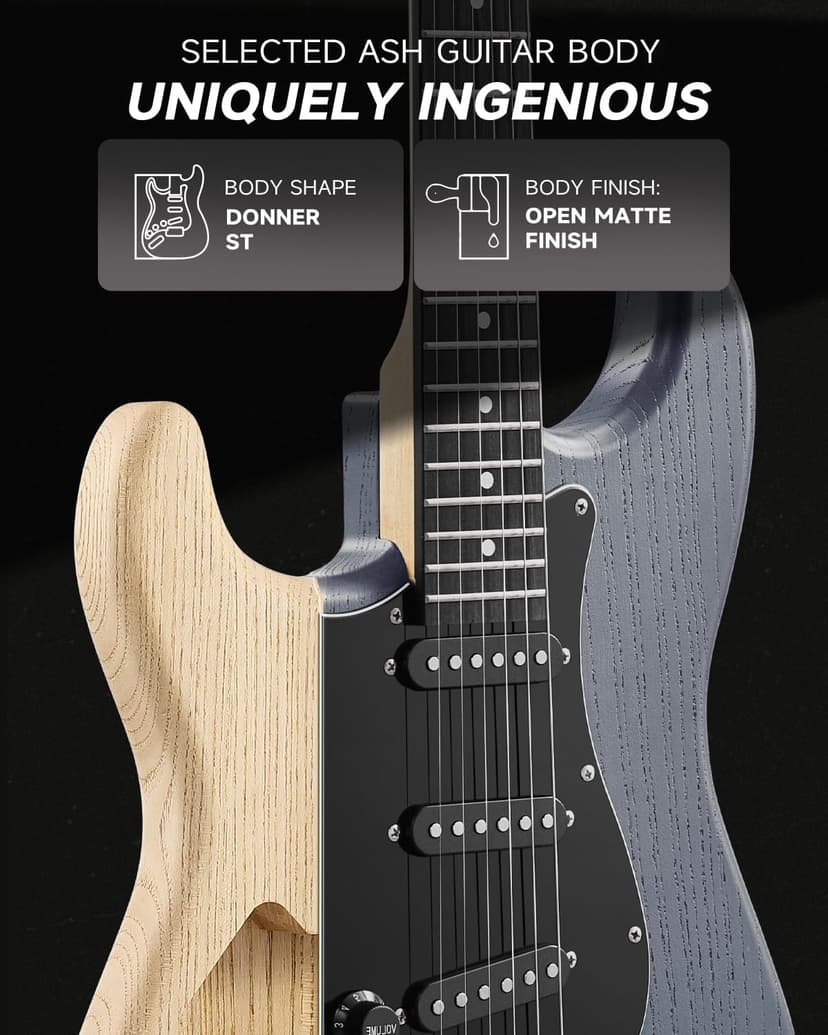 DONNER DST-80 Left-Handed Electric Guitar 39” Beginner Electric Guitar Kit with Amp, Classic SSS Pickup Complete with Gig Bag, Tuner, Capo, Strap, Picks, and Free Online Lessons, Matte Black
