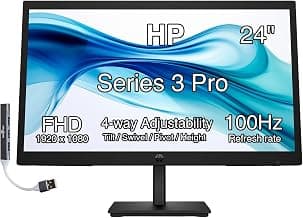 HP Series 3 Pro 24" 100Hz FHD IPS Monitor with Adjustable Tilt/Swivel/Pivot/Height, Built-in Dual 2W Speakers, VESA Mount (100mm), VGA, Displayport, HDMI w/DKZ Hub, Black