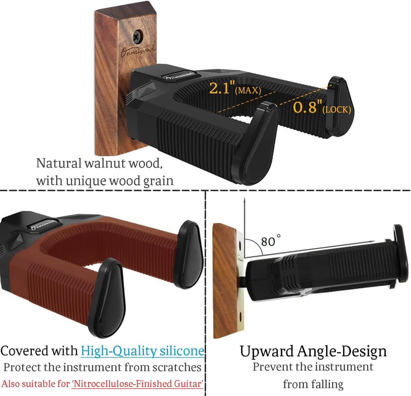 Onmiwod Guitar Wall Mount, Auto Lock Black Walnut Wood Guitar Hanger, Guitar Wall Hangers, Guitar Holder Hook Wall Stand for Classical, Acoustic, Electric Guitar, Bass, Gift for Guitar Player