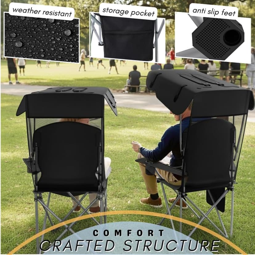 Portable Folding Camping Chairs with Canopy Shade, Beach Chair for Adults, Durable Weather Resistant 600D Oxford Cloth, Camping Chair with Canopy for Outdoors [Black]