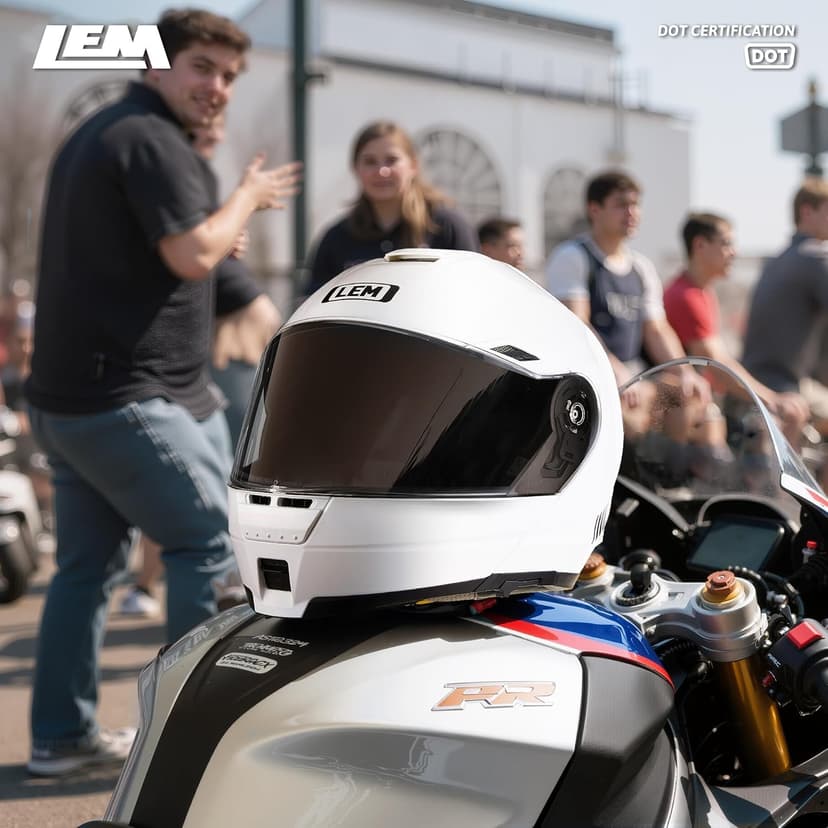 LEM Modular Motorcycle Helmets Fiberglass, Full Face Motorcycle Helmet Flip Up for Touring, DOT Certified, Release Sun Visor & Removable Comfort Liner, Lightweight Street Bike Helmet (White, M)