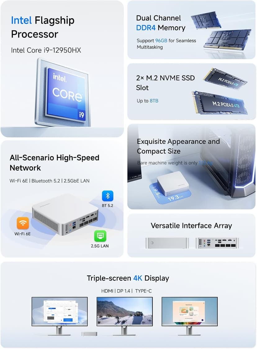 MINISFORUM AI Mini PC M1-1295 Barebone with Intel Core i9-12950HX (16C(8E+8P)/24T, up to 5,0 GHz), Mini Computer DDR4 RAM PCIe4.0 SSD, Dual Display with HDMI 2.1/DP, 5X USB Ports, WiFi 6E,BT 5.2