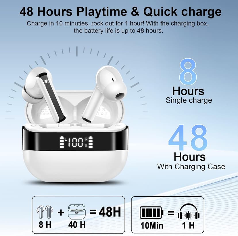 Wireless Earbuds, Bluetooth 5.4 Headphones HiFi Stereo, Bluetooth Earbuds with 4 ENC Mics, 48H Playtime Ear buds with LED Display Charging Case, IP7 Waterproof In Ear Earphones for Android iOS White