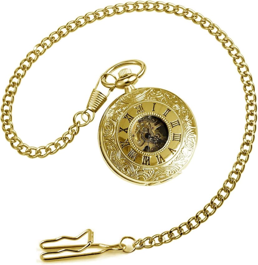 VIGOROSO Vintage Hand Wind Up Pocket Watches for Men, Mechanical Pocket Watch with Chain, Mens Skeleton Pocketwatch