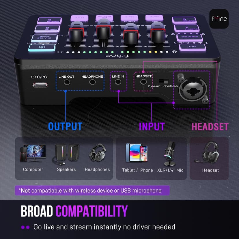 FIFINE Gaming Audio Mixer, Streaming RGB PC Mixer with XLR Microphone Interface, Individual Control, Volume Fader, Mute Button, 48V Phantom Power, for Podcast/Recording/Vocal/Game Voice-AmpliGame SC3