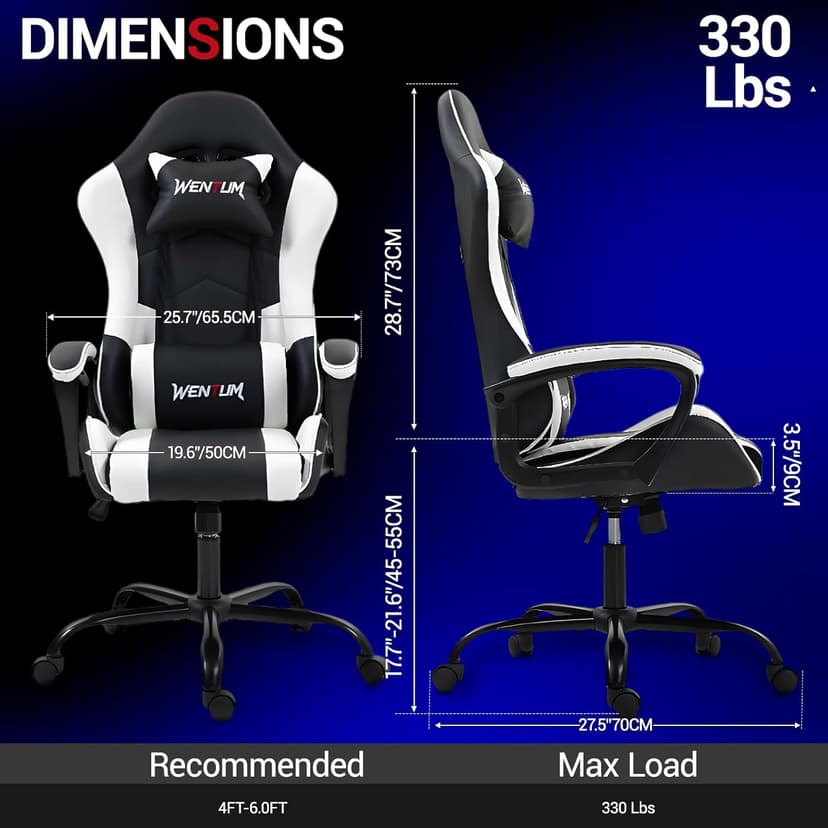 Gaming Chair PU Leather Massage PC Video Game Chair with Lumbar Support for Men Women, Home Office, Height Adjustable, Ergonomic, High Back, White