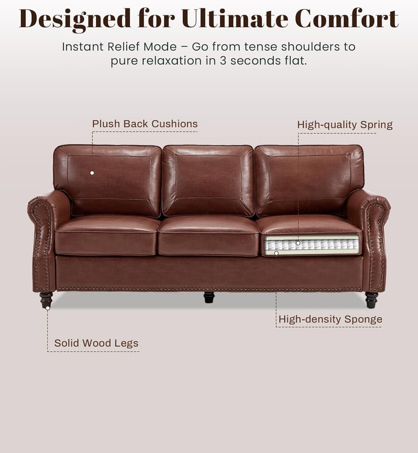 Kingfun Mid-Century Modern Couch, Faux Leather Sofa, 3 Seater Couch for Living Room with Rolled arms & Nailhead Trim, Dark Coffee