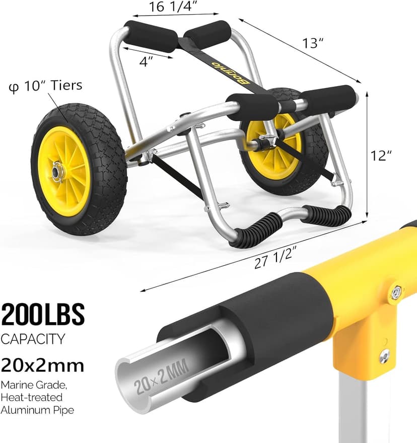 Bonnlo Kayak Cart Canoe Dolly Fishing Kayak Accessories Carrier Foldable Paddle Board Trolley Boat Trailer Transport with NO-Flat Airless Tires Wheels and 2 Ratchet Straps