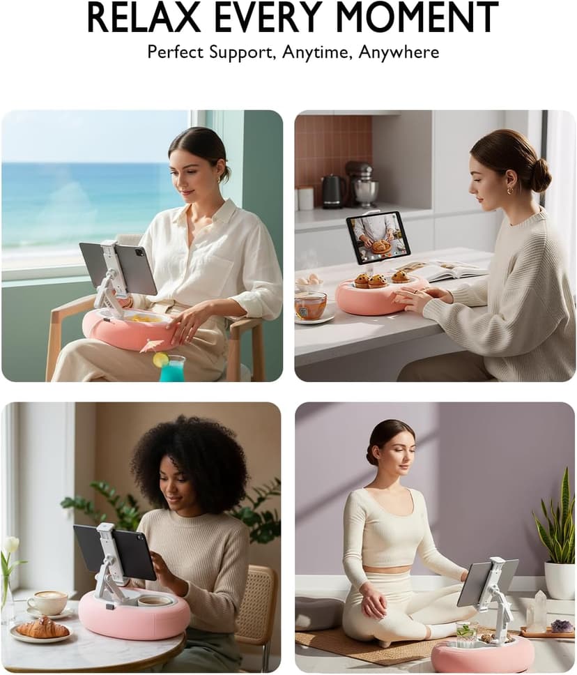 Compatible with Kindle, iPad, Phone and Tablet 5" to 12.9", Soft Plush Fabric, with 2 Snack Bowls, for Reading and Relaxing Miledi Tablet Pillow Stand for Bed with 360° Rotating Holder, Pink B0DJ2NSNFP