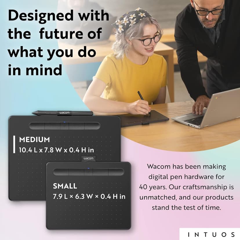 Wacom Intuos Medium Bluetooth Graphics Drawing Tablet, Portable for Teachers, Students and Creators, 4 Customizable ExpressKeys, Compatible with Chromebook Mac OS Android and Windows - Black