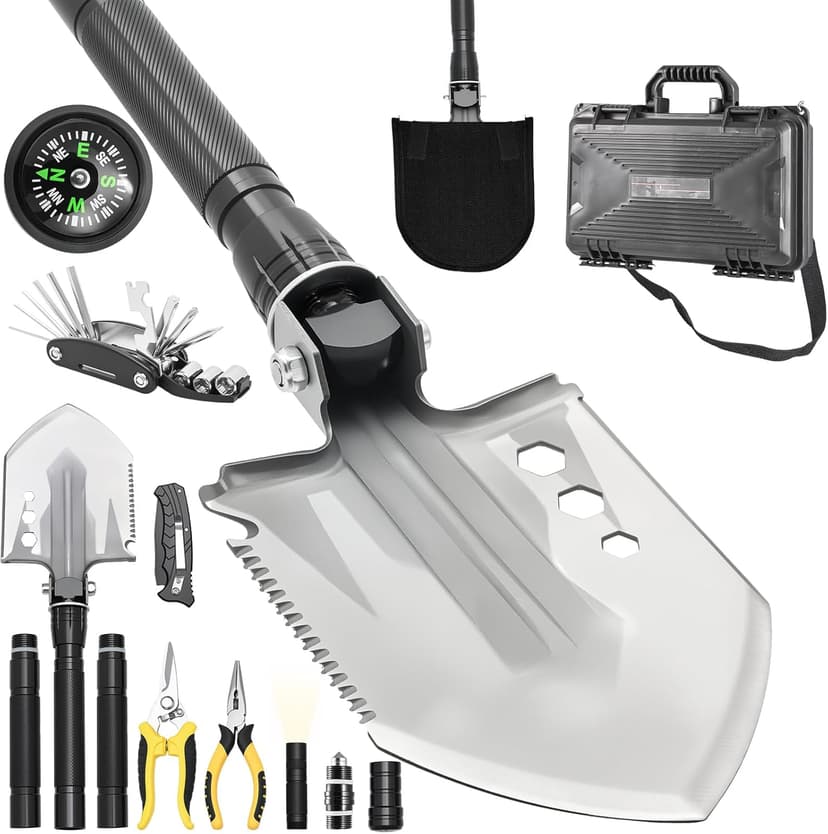 CIRONBOW Folding Camping Shovel Axe Kit，Multifunctional Survival Shovel with Stainless Steel Pickaxe ，pliers,Compass，Locking scissors，Magnetic flashlight- For Camping, Snow, Hiking, Survival Gear