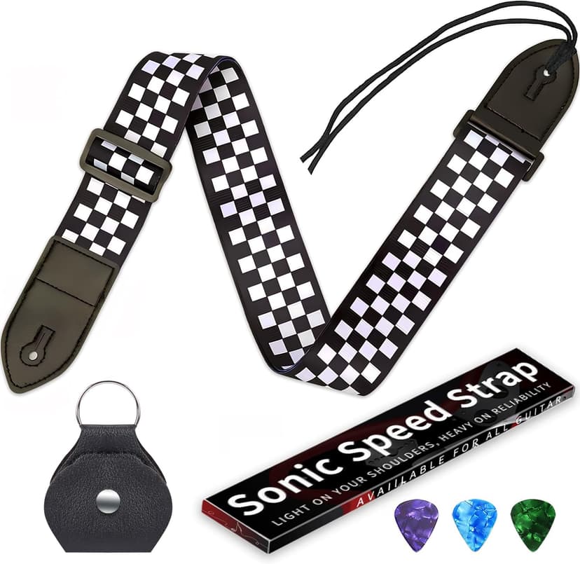 Qivorimith Guitar Strap,Acoustic Electric Guitar With Leather Pick Box and 3 PCS Picks Guitar Accessories,Available for All Guitars(Black White Grid)