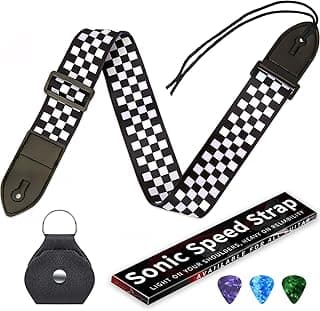 Qivorimith Guitar Strap,Acoustic Electric Guitar With Leather Pick Box and 3 PCS Picks Guitar Accessories,Available for All Guitars(Black White Grid)