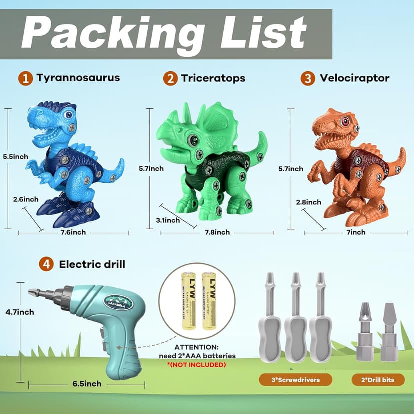 Laradola Dinosaur Toys for 3 4 5 6 7 8 Year Old Boys, Take Apart Dinosaur Toys for Kids 3-5 5-7 STEM Construction Building Kids Toy with Electric Drill, Party Christmas Birthday Gifts Boys Girls