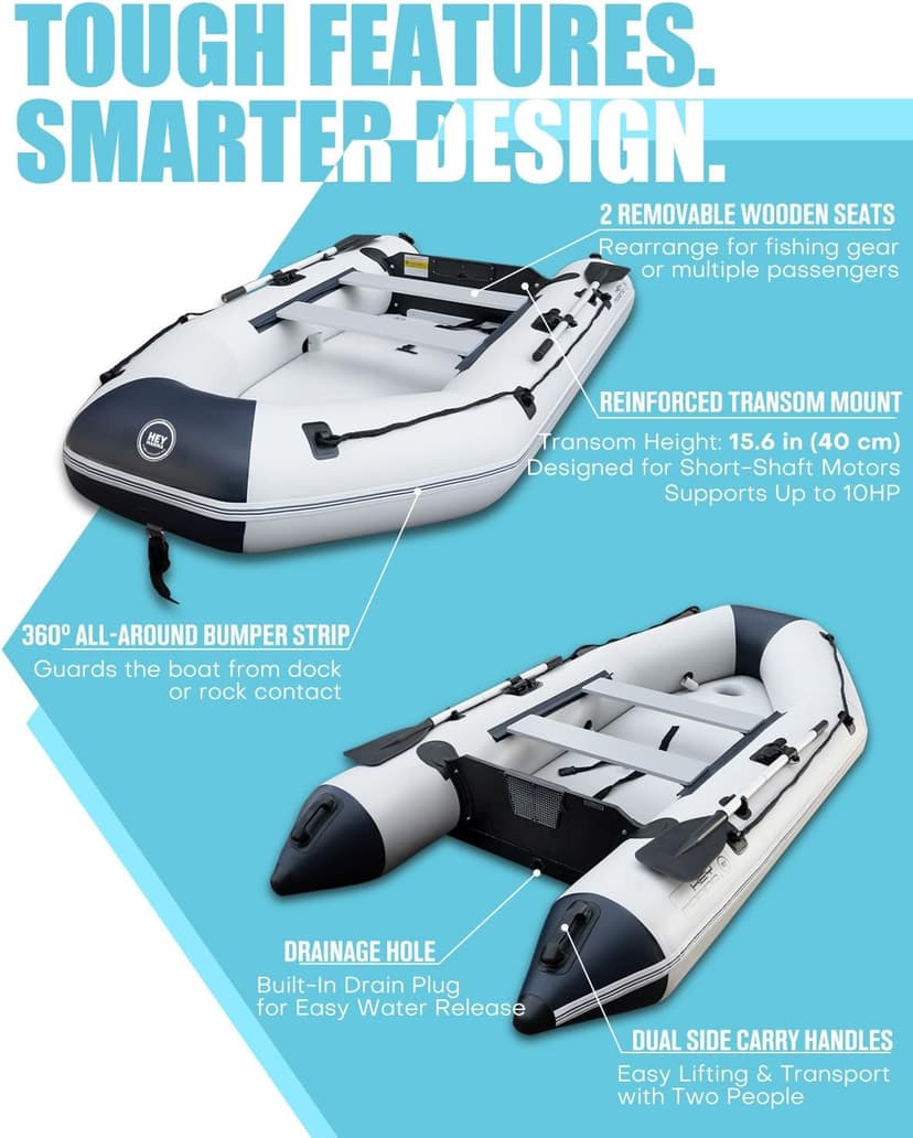 Inflatable Dinghy Boat with Drop-Stitch Floor 10ft Portable Inflatable Boat for 3-4 Adults, Motor Compatible, Heavy-Duty PVC, Ideal for Fishing, Cruising, and Rescue Use