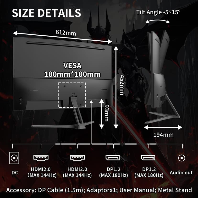 SANSUI 27 Inch WQHD 2560X1440 Curved Gaming Monitor, 180Hz MPRT 1ms Computer Monitor,HDMI2.0 * 2, DP1.2 * 2, Freesync, Curved 1500R, 5000:1 Contrast Ratio, 120% sRGB,HDR(ES-G27C1Q DP Cable Included)