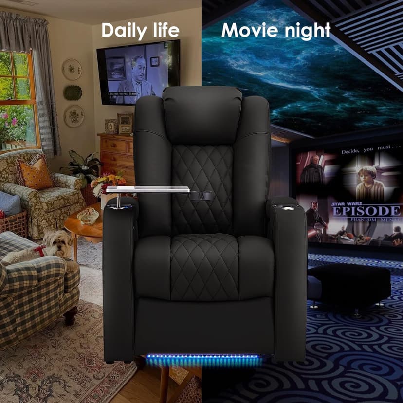 PBRO Home Theater Seating Top Grain Leather Recliner Chair, Movie Theater Chair Sofa with Power Reclining & Headrest USB Charger Ports Ambient Lighting, Black Single Seat for Home