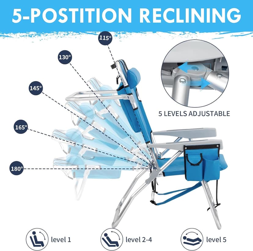 Outvita Backpack Beach Chair, 5 Level Adjustable Positions Beach Chair with Back Storage Bag, Cooler Pouch and Side Bags for Beach Poolside Lawn