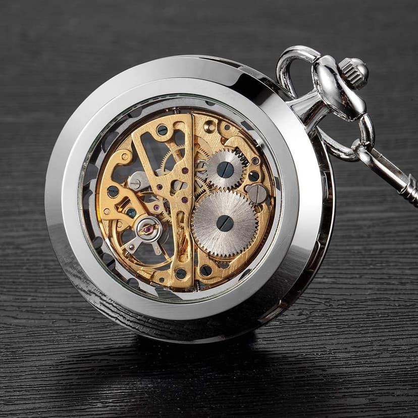 VIGOROSO Mens Classic Steampunk Pocket Watch with Chain Skeleton Hand Wind Mechanical Pocket Watches for Men & Women