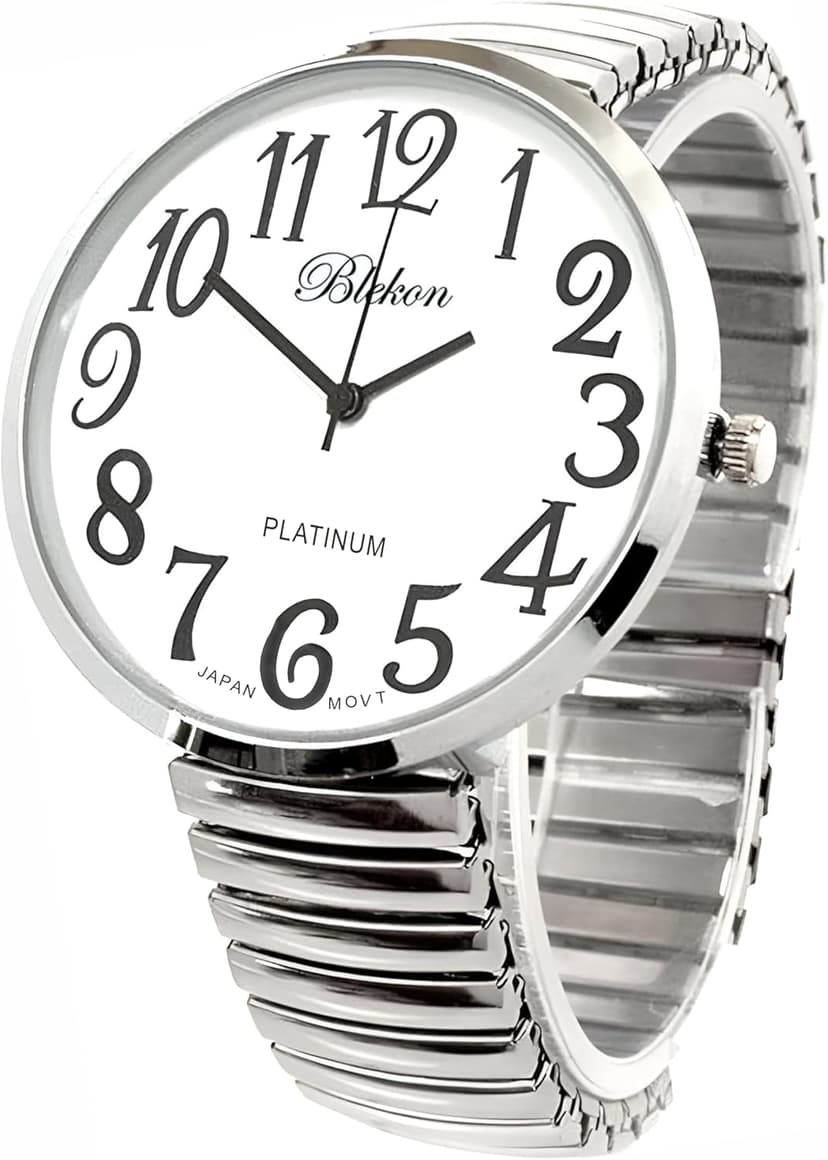 Geneva Blekon Collections Silver Super Large White Face Case Size 43mm EXTRA LARGE Stretch Band Japanese Movement PC21J Fashion Watch