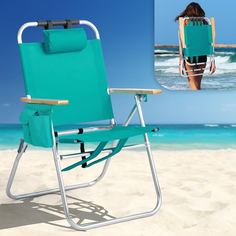 VINGLI 17" Tall Beach Chair, Aluminum Backpack Beach Chairs for Adults, Portable with Adjustable Straps, 3-Position Reclining, Cup Holder, High Lightweight Beach Chairs for Beach,Green
