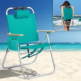 VINGLI 17" Tall Beach Chair, Aluminum Backpack Beach Chairs for Adults, Portable with Adjustable Straps, 3-Position Reclining, Cup Holder, High Lightweight Beach Chairs for Beach,Green