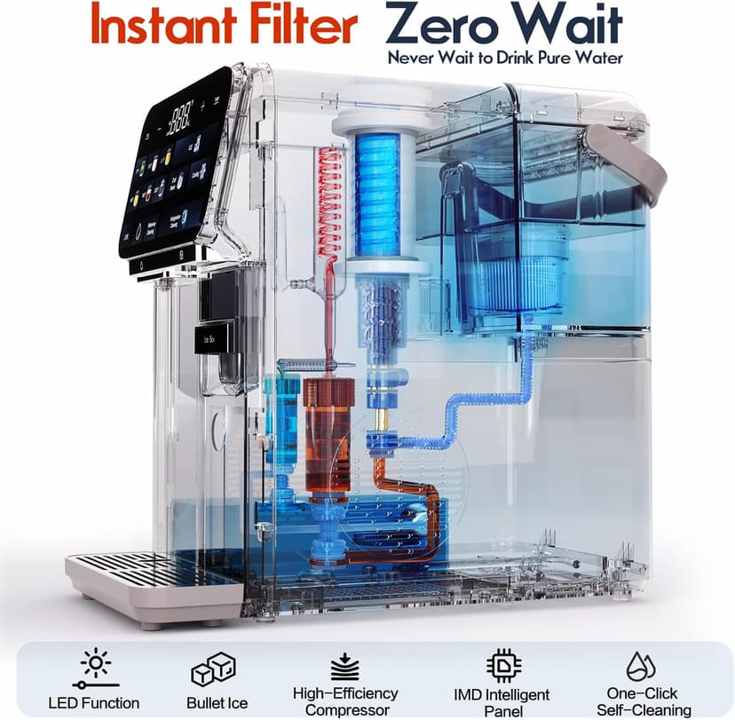Ice Maker Water Filter Dispenser, 3 in1 Countertop Instant Hot & Cold Water, Ice Water Dispenser with ice Box, 7 Temperature & 5 Dispensing Volume Options Portable No Installation.