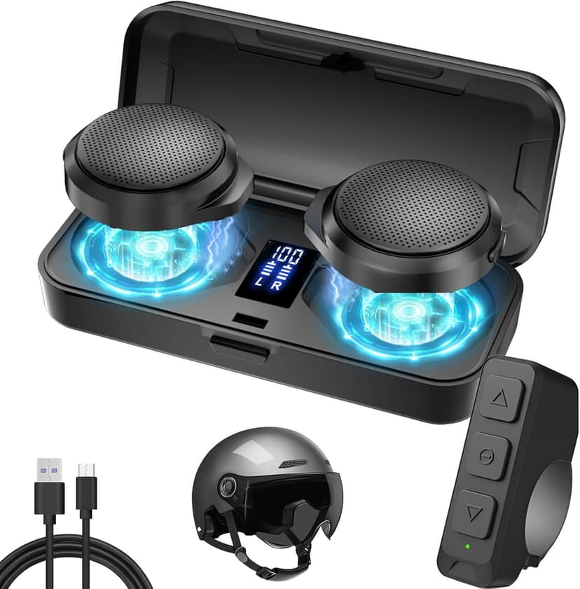 Motorcycle Bluetooth Headset with Charging Case, Helmet Bluetooth Speaker with Microphones & Remote Control, 1900mAh Battery, 50Hours Work Time, True Wireless Headsets for Riding and Skiing