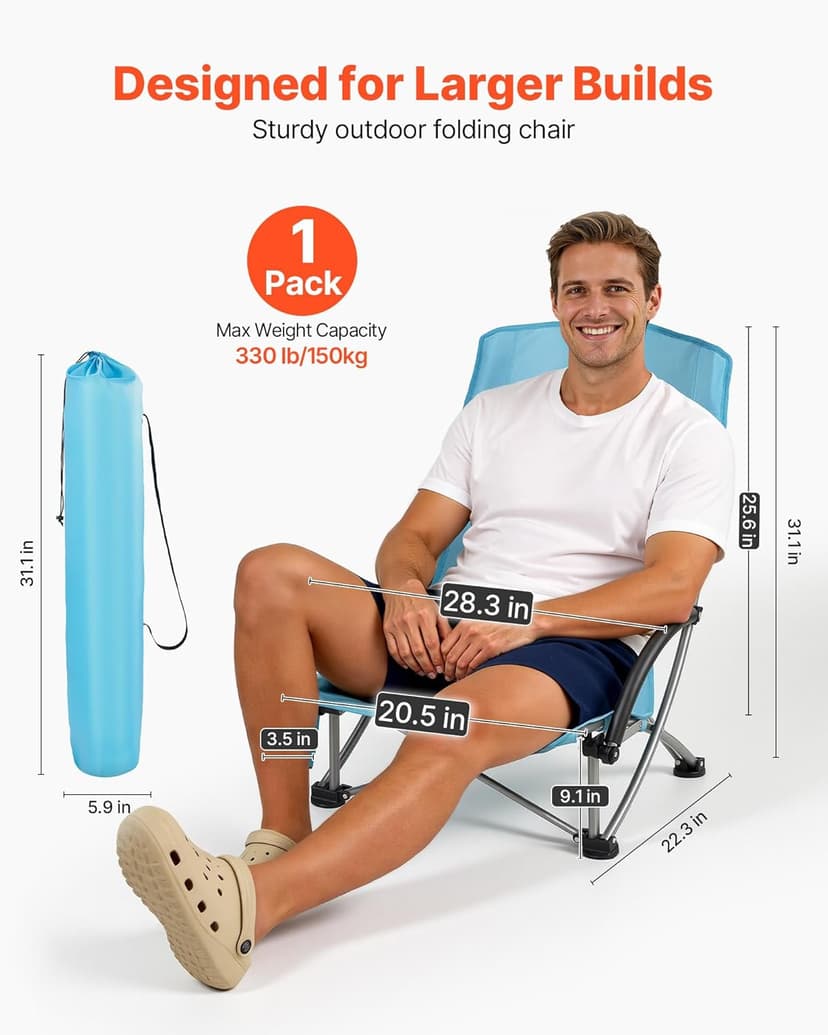 VEVOR Folding Beach Chair, High Back Camping Chairs for Adults, with Cup Pocket, Mesh Back, Carry Bag, Portable Extra Wide Seat Chair 330 lbs Heavy Duty Support, for Outdoor, Camp, Light Blue