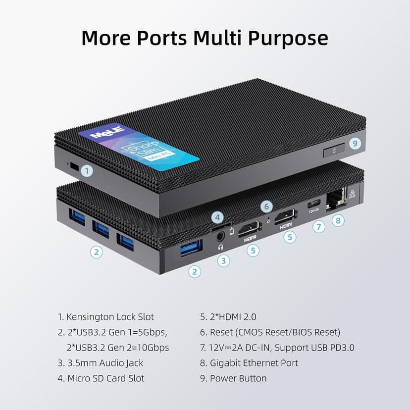 MeLE Fanless Mini PC Quieter3Q 11th Gen N5100 8GB 128GB, Micro Computer WiFi 5 Small Desktop Service with USB-C PD, Gigabit Ethernet, Dual HDMI 4K, Auto Power on, PXE Support M.2 SSD