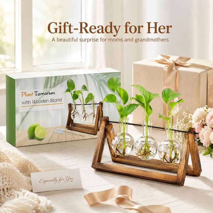 Unique Gardening Birthday Gifts for Women Plants Lovers, Home Office Garden Decor Planter - 3 Bulb Glass Vases Renmxj Plant Propagation Station, Plant Terrarium with Wooden Stand B096VDR4TM