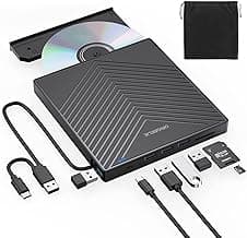 ORIGBELIE External CD DVD Drive, Ultra Slim CD Burner USB 3.0 with 4 USB Ports and 2 TF/SD Card Slots, Optical Disk Drive for Laptop Mac, PC Windows 11/10/8/7 Linux OS