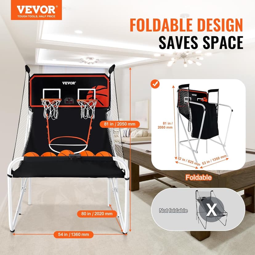 VEVOR Foldable Basketball Arcade Game, 2 Player Indoor Basketball Game, Home Dual Sport with 5 Balls, 8 Game Modes, Electronic Scoreboard, and Inflation Pump,Adults