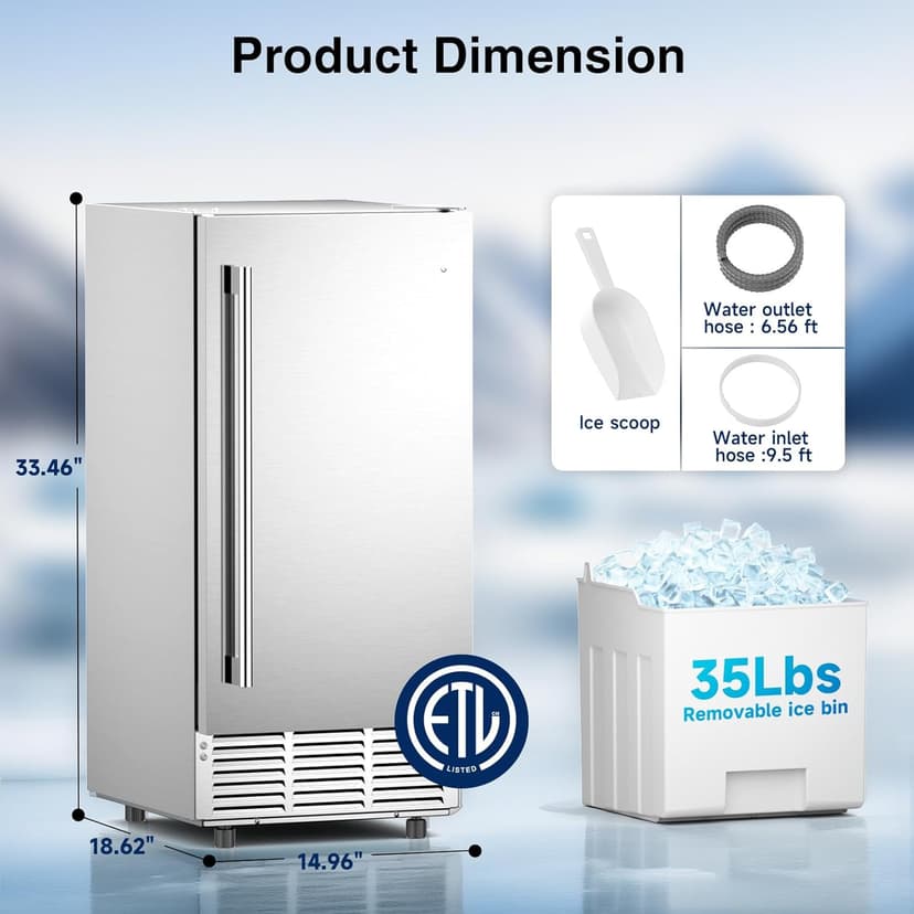 Mojgar Under Counter Ice Maker Machine - 90Lbs/24H, 35Lbs Storage Bin, Freestanding & Bulit-in Commercial Ice Maker | Self-Cleaning | Reversible Door | Commercial Ice Machine | Full Stainless Steel