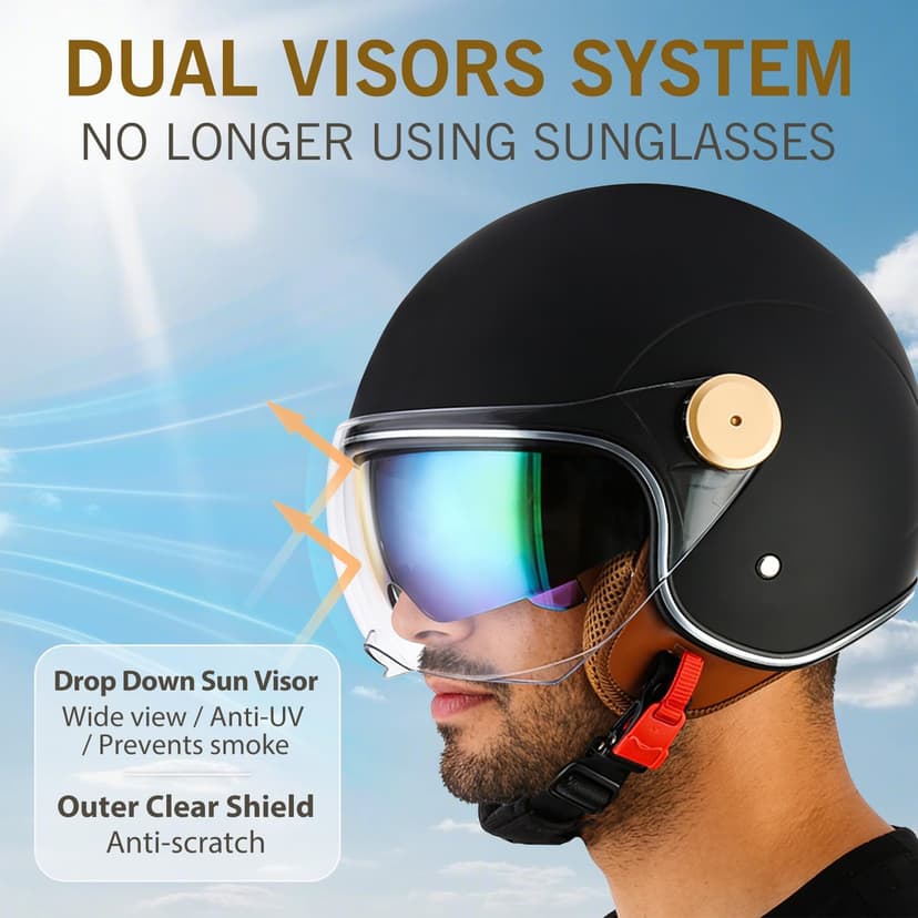 Retro Bluetooth 3/4 Open Face Motorcycle Half Helmet for Men Women - Dual Visors DOT Approved Lightweight Vintage Motorbike Helmet for Scooter Moped ATV Street Dirt Bike Commuting