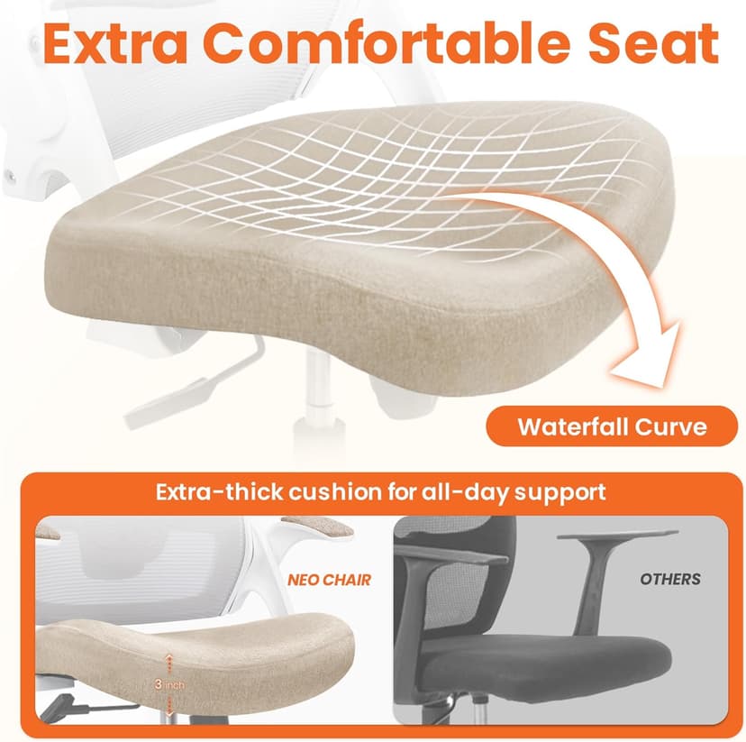 NEO CHAIR Office Desk Chair Gaming Computer High Back Support Mesh Comfy Seat with Adjustable Ergonomic Headrest Lumbar Rolling Flip-up Armrests and Wheels (Beige)