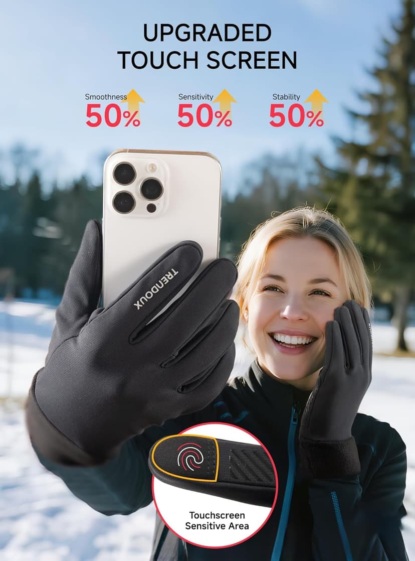 TRENDOUX Winter Gloves for Men Women: 100% Waterproof Windproof Thin Touchscreen Gloves Anti-Slip, Mens Womens Warm Lightweight Glove Polar Fleece Lined for Driving Running Riding Cycling Typing