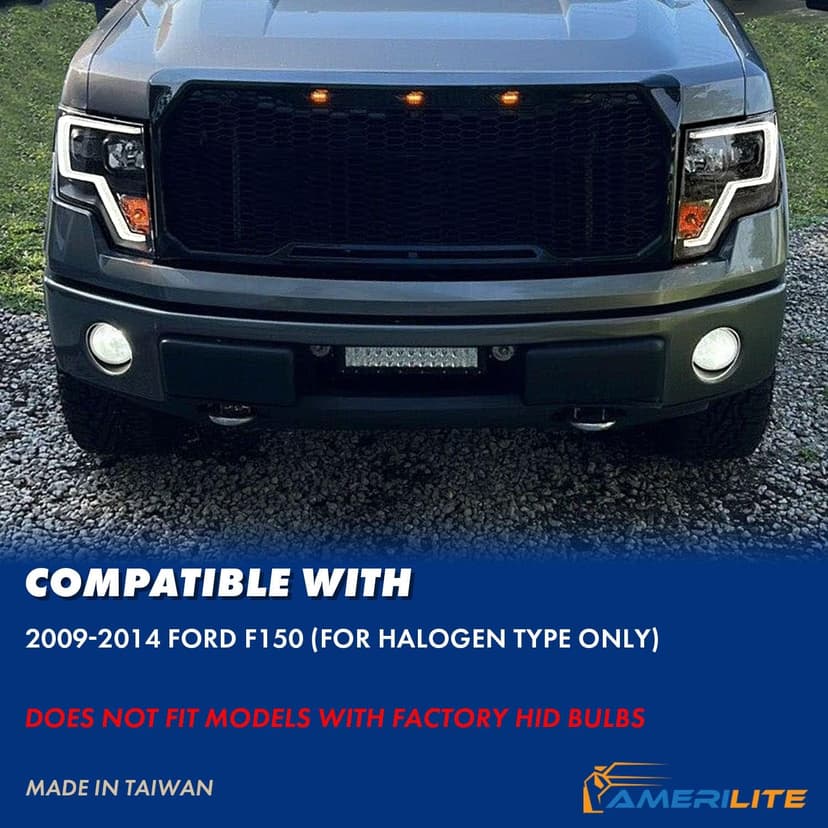 AmeriLite for 2009-2014 Ford F150 Truck LED Bar Square Projector Halogen Black Headlights Set High/Low Beam Bulb Included - Driver and Passenger Side