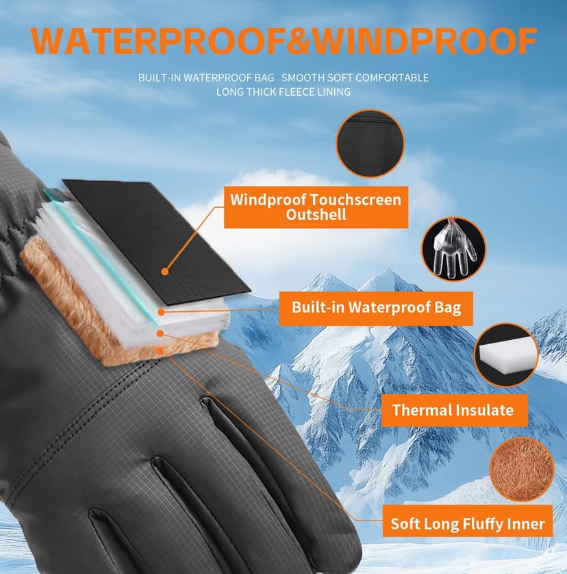 Jeniulet Waterproof Winter Gloves for Men Warm Ant-slip Touchscreen Ski Snow Cycling Running Cold Weather Long Fleece Lining