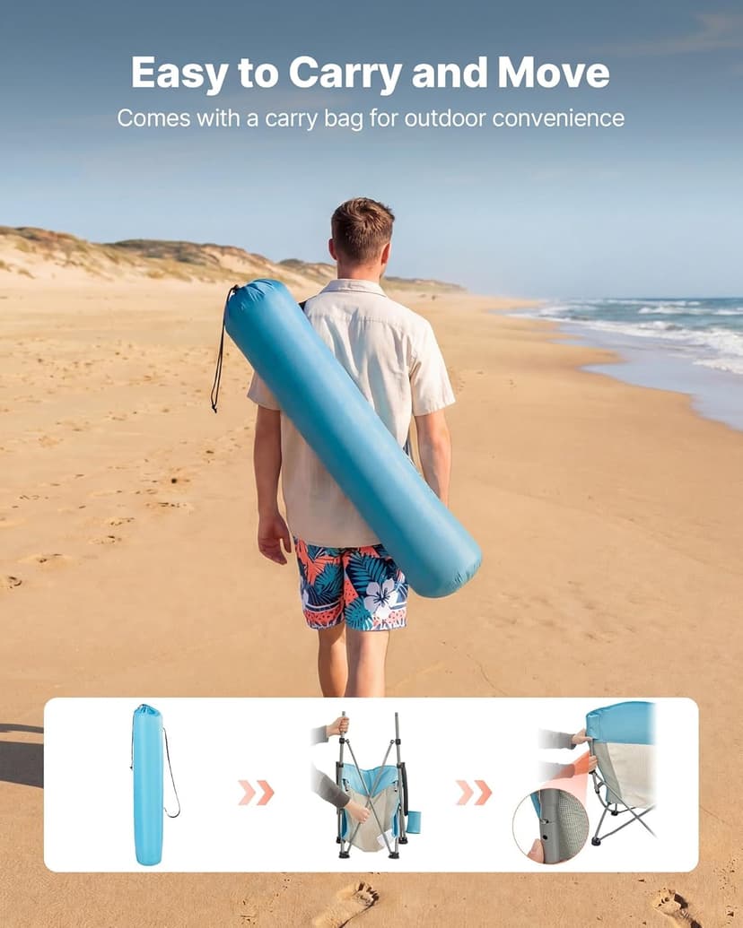 VEVOR Folding Beach Chair, High Back Camping Chairs for Adults, with Cup Pocket, Mesh Back, Carry Bag, Portable Extra Wide Seat Chair 330 lbs Heavy Duty Support, for Outdoor, Camp, Light Blue
