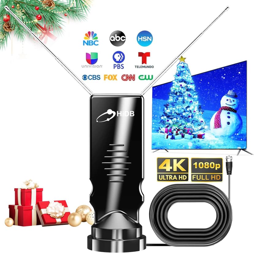 HIDB Indoor TV Antenna - Ultra HD 4K/1080p Digital TV Antennas for Local Channels, Enhanced Rabbit Ear Design with Smart Signal Booster, Works with All Smart TVs, Easy Setup, No Monthly Fees!