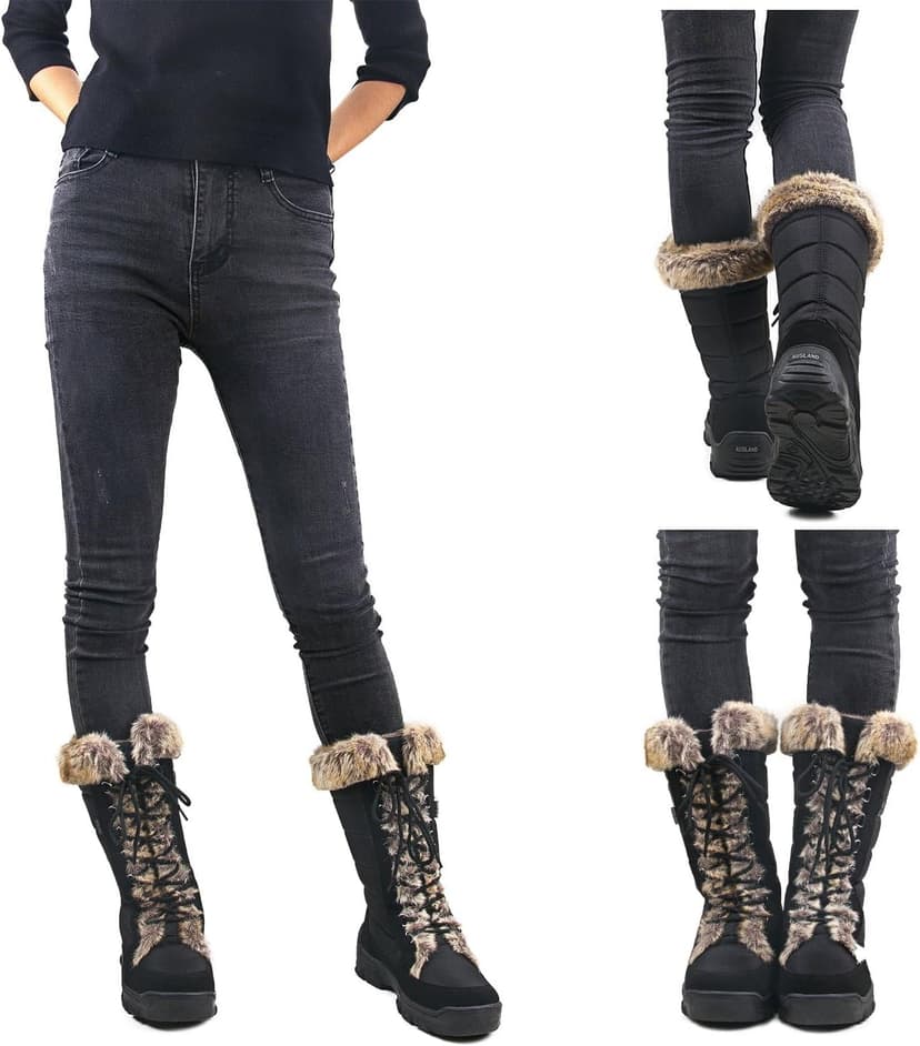 AUSLAND Women's Black Winter Snow Boots Twin Peaks Fur Cuff Mid-Calf Waterproof Lace Up Boots