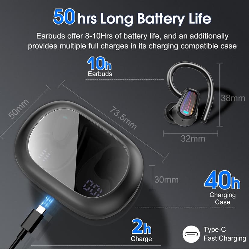 Wireless Earbuds, Headphones Sport Bluetooth 5.4, Over Ear Buds with ENC Noise Canceling Mic, Deep Bass Stereo Earphones with Hook, 50H Playback, LED Display, IP7 Ear Buds for Workout Running, Black