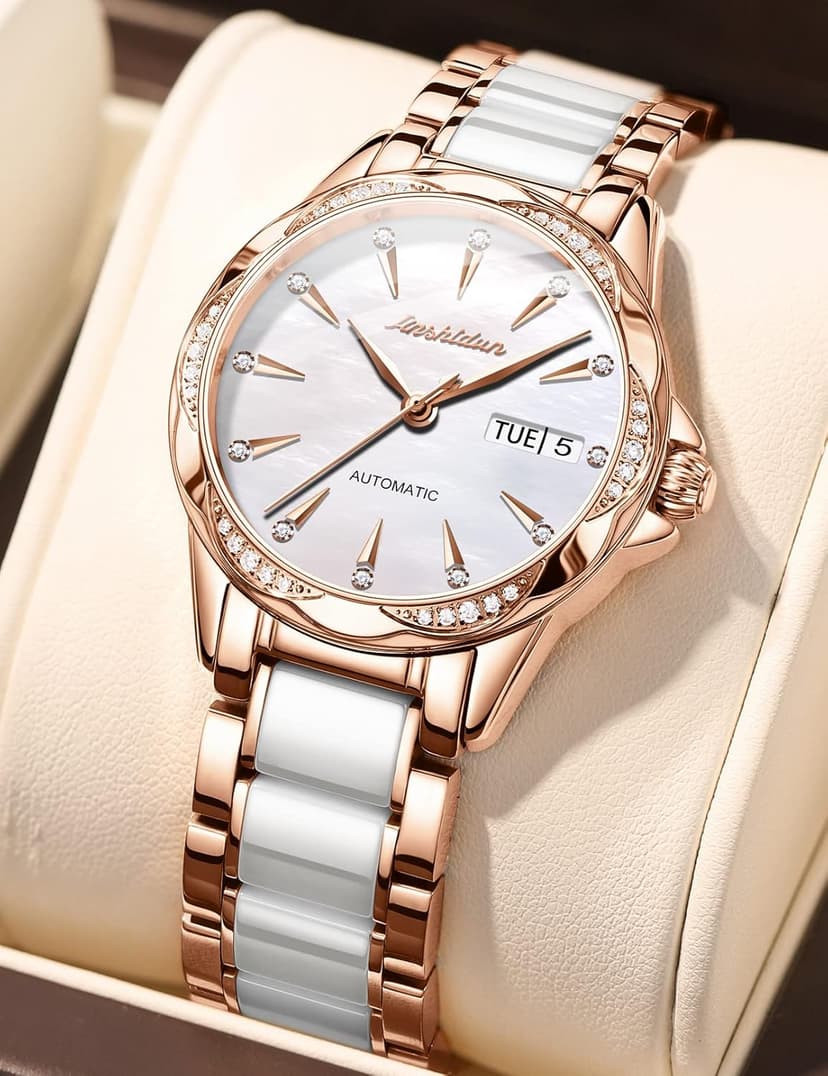 OLEVS Womens Big Face Automatic Watch, Diamond Accented Self Winding Dress Watch for Women, 50M Waterproof Day-Date Sapphire Crystal, Two Tone Stainless Steel Ceramic Band, White/Blue/Green/Red Dial