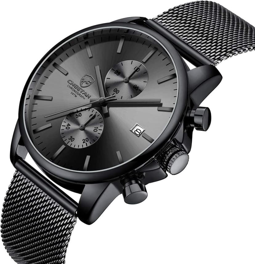 GOLDEN HOUR Mens Watch Fashion Sleek Minimalist Quartz Analog Mesh Stainless Steel Waterproof Chronograph Watches for Men with Auto Date