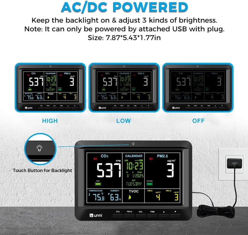 Air Quality Monitor Indoor 7.5" Display + Alerts, CO2 Monitor PM2.5 PM1.0 PM10 with TVOC Temperature Humidity for Home, Kitchen, Bedroom, Office, RV