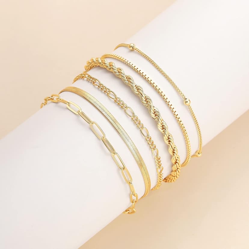 DEARMAY Gold Bracelets for Women Waterproof, 14K Real Gold Jewelry Sets Trendy Thin Dainty Stackable Cuban Link Paperclip Chain Bracelet Pack Fashion Accessories Gifts for Womens
