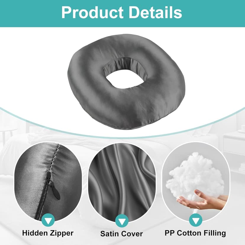 Piercing Pillow for Side Sleepers with an Ear Hole, Donut Pillow for Ear Pain CNH | Pain Relief Sleeping | Pressure Sore | Satin Washable and Adjustable Ear Protector (Dark Gray)