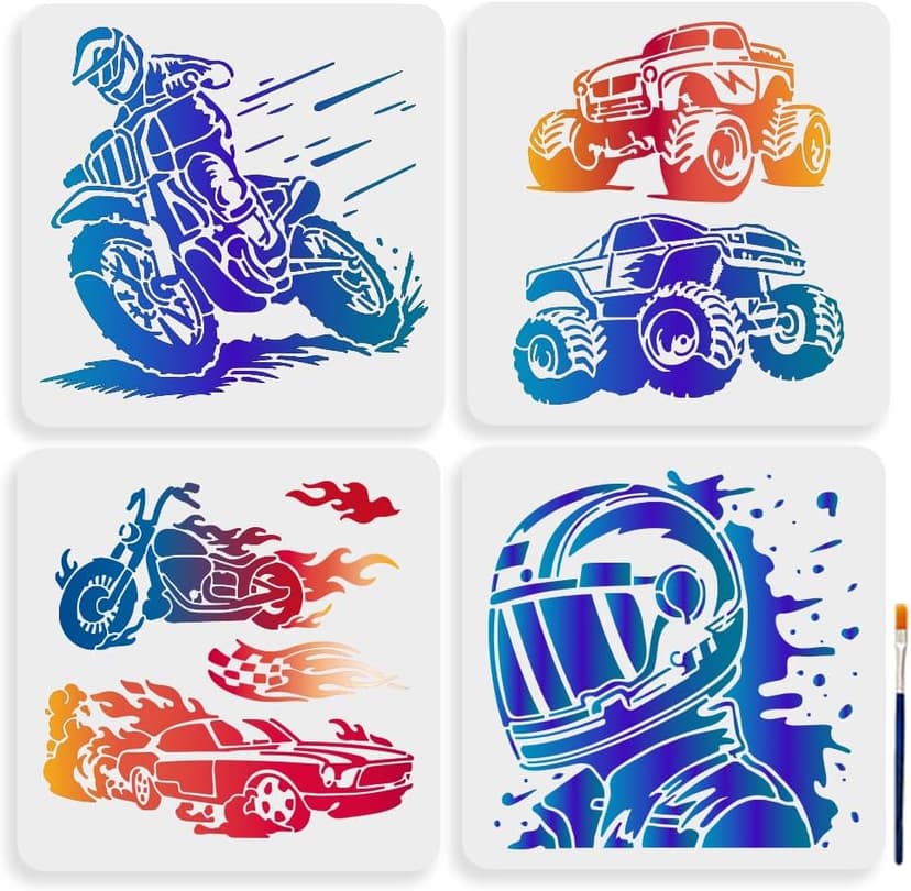 MAYJOYDIY 4Pcs Motorcycle Racing Stencil 11.8x11.8inches Reusable Racer Helmet Race Stencils Big Tires Off-Road Vehicle Drawing Templates Car Racing Flag Template for Painting on Wood Wall Decor